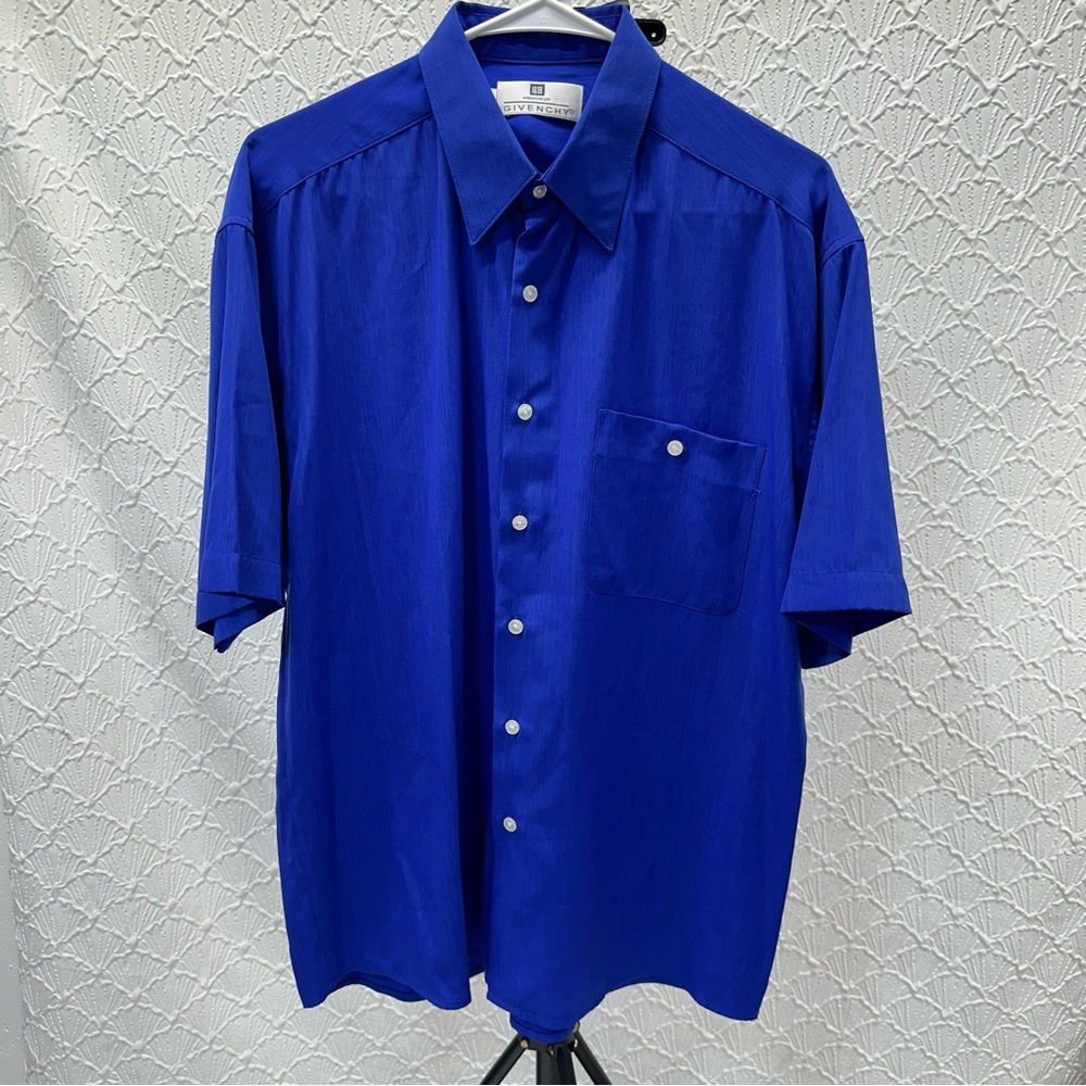 Givenchy Monsieur Satin Short Sleeve Button Down Shirt Royal Blue Mens Size M